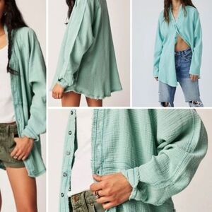 Free People Summer Daydream Button Down Linen Top In Mint